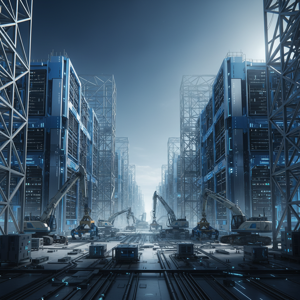 Modern data center construction site with massive server infrastructure, industrial architecture with blue and silver tones, construction equipment and structural frameworks visible, dramatic lighting highlighting the scale of technology infrastructure, futuristic atmosphere with gradient sky background, no text