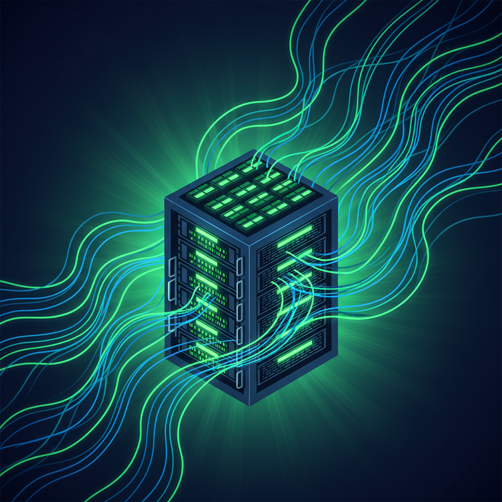 clean infographic, modern layout, high contrast, illustrating a complex server rack with many glowing DRAM chips, representing an AI data center, with data streams flowing around it. No visible text. Dark blue and electric green gradient background.