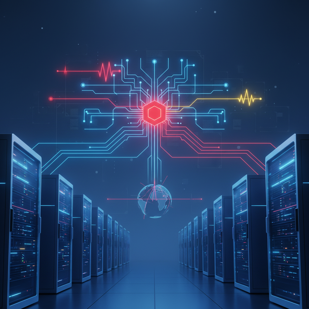 A futuristic, glowing data center with numerous servers connected to a power grid diagram that shows signs of strain or overload, perhaps with a warning light. The overall scene implies immense energy consumption affecting infrastructure. Clean infographic style, no text.