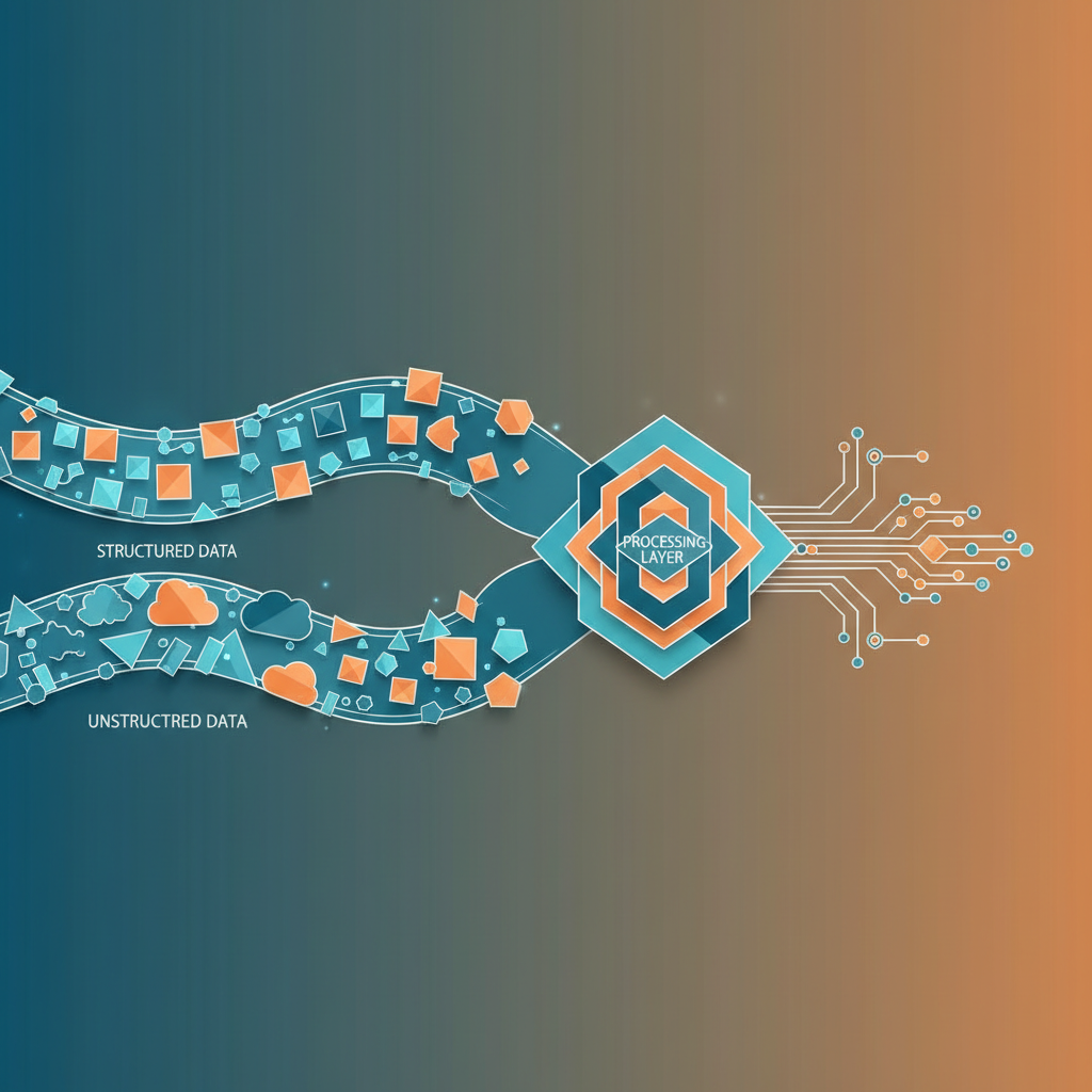 Abstract technical illustration showing data flow architecture, structured and unstructured data streams converging into processing layer, clean modern design with teal and orange gradient background, geometric shapes representing data nodes and connections, professional infographic style with depth and dimension, no text