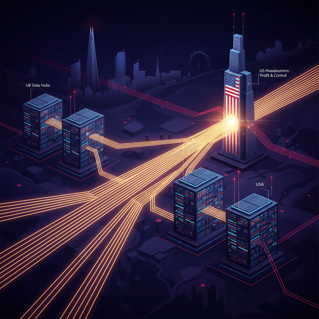 An illustration of massive data centers in the UK, but with their profits and control flowing back to US headquarters, depicted metaphorically with glowing lines of data. Emphasize a sleek, futuristic but subtly controlled environment, with a dark, rich background, high contrast, modern layout.