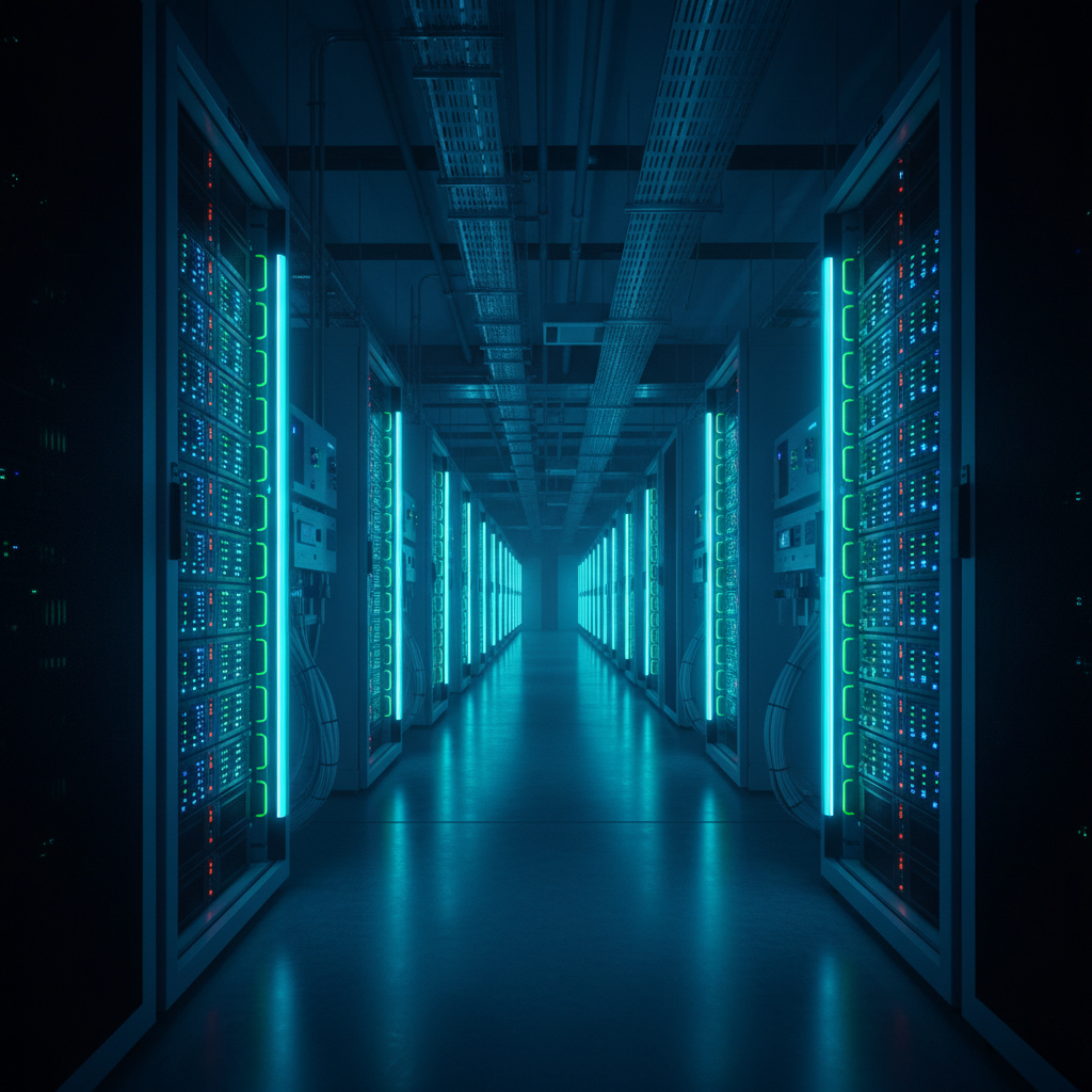 Modern AI data center interior with rows of server racks glowing with blue and green LED lights, high-tech atmosphere, industrial architecture, cool toned lighting, futuristic technology infrastructure, detailed server equipment, depth of field, professional photography style, dark blue gradient background. No visible text in image.