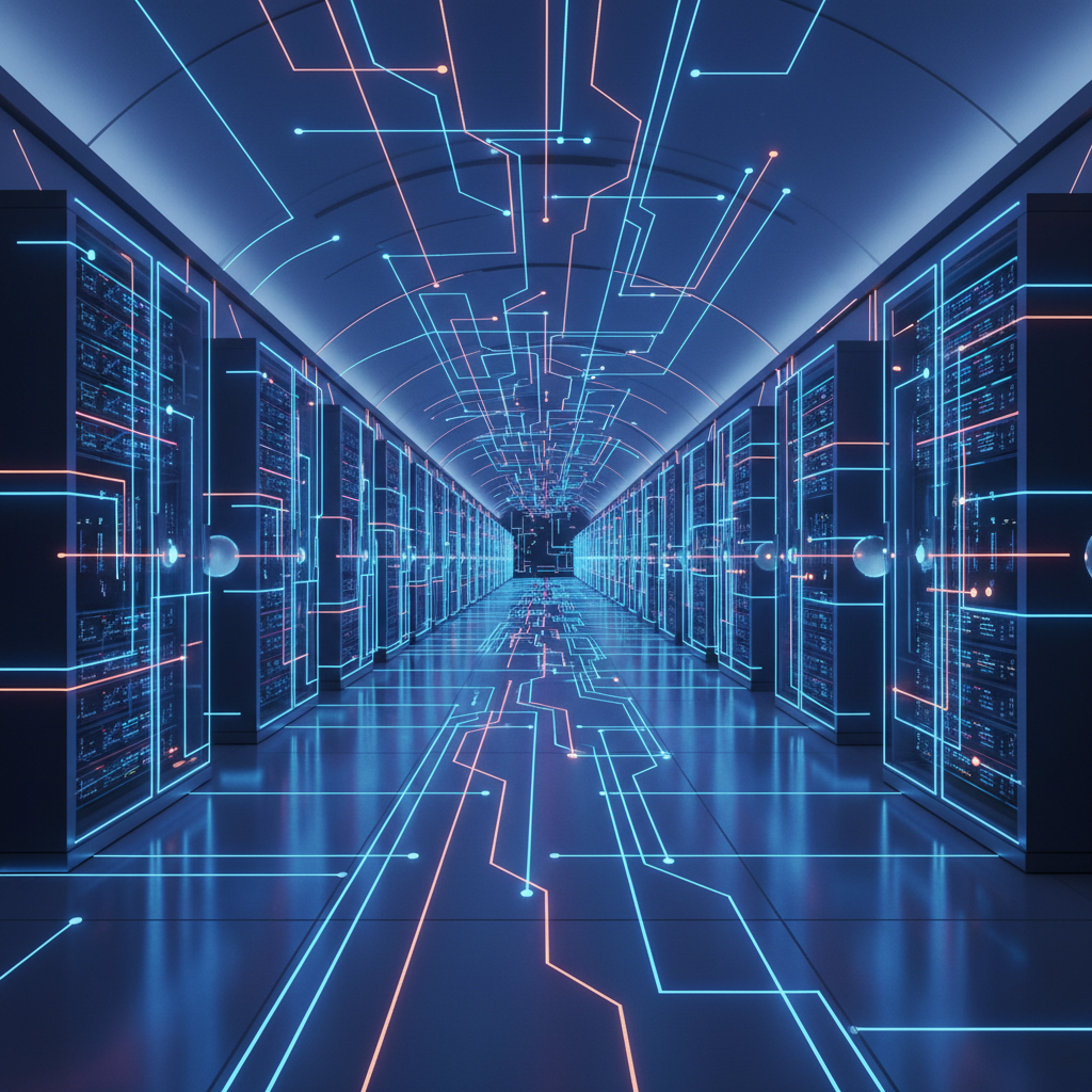 An impressive, futuristic AI data center with vast rows of servers, illuminated by glowing lines, symbolizing immense scale and investment. Clean infographic style with a focus on technology, no text in image.