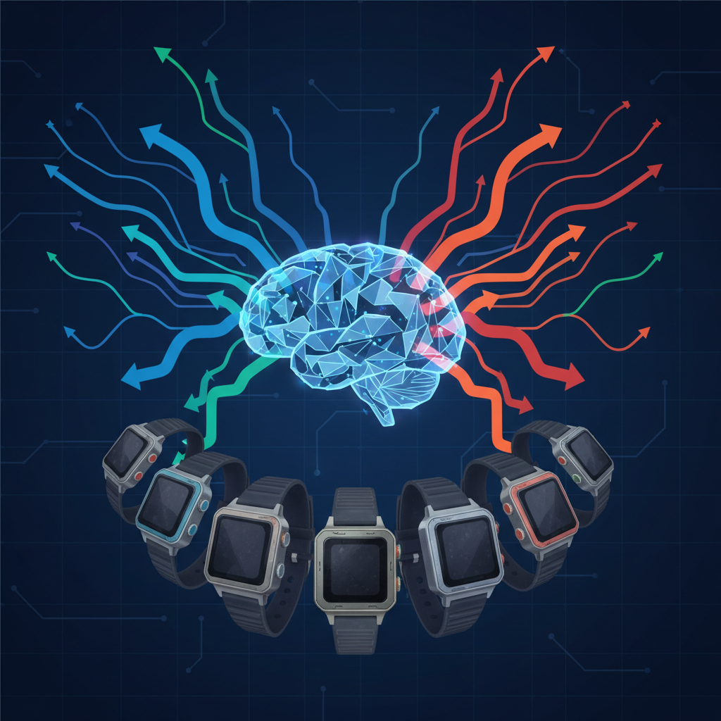 A complex infographic showing data flowing into a stylized AI brain, with arrows pointing towards older smartwatch models. The background is a dark blue with subtle glowing circuit patterns. Clean infographic, high contrast, visually rich. No text.