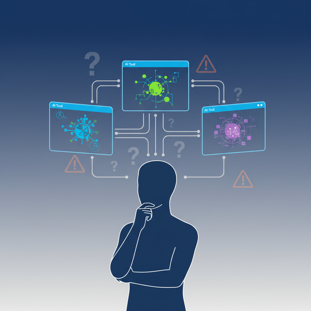 Clean infographic showing a person thoughtfully evaluating information from multiple AI tools, with question marks and warning signs subtly integrated. Style: modern layout, high contrast. Background: gradient blue and grey. No visible text in image. No Korean characters.