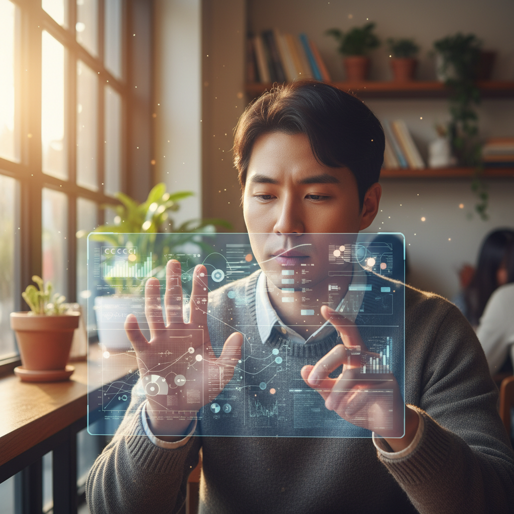 A Korean person (natural expression) is interacting with a holographic AI interface, carefully reviewing information with a thoughtful expression. The interface displays data and creative text, emphasizing critical thinking. Style: lifestyle photography, warm lighting, natural setting. No visible text in image.
