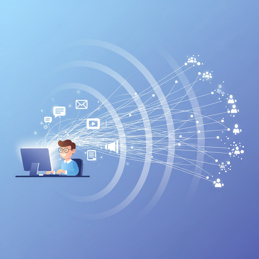 Infographic illustrating rapid message generation and dissemination through AI tools. A marketer is shown efficiently creating various content pieces, with messages radiating outwards, signifying wide reach. Clean, modern layout with a gradient background. No visible text.