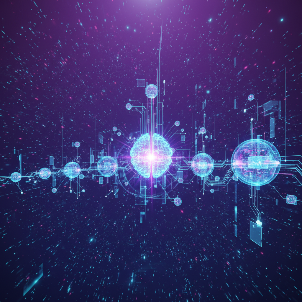 Futuristic concept of AI evolution showing a timeline of technological advancement with glowing nodes and connections. Deep purple and cyan gradient background with particle effects. Sophisticated tech visualization with layers and depth. No text.
