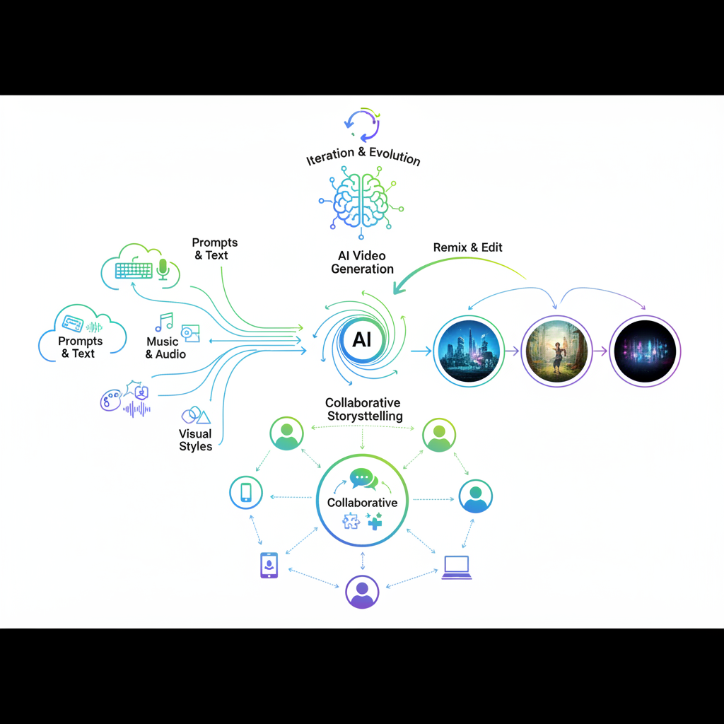 A creative infographic illustrating the process of AI video creation, remixing, and collaborative storytelling. Show different elements like prompts, music, and styles coming together, with connections indicating sharing and co-creation among friends. Dynamic and engaging. No text in image. Style: clean infographic.