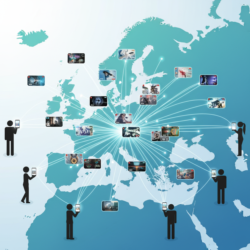 An infographic showing AI-generated short video clips flowing across a map of Europe, with diverse people on smartphones watching them. The visual should be clean and modern, representing the spread of new technology. No text in image. Style: clean infographic.
