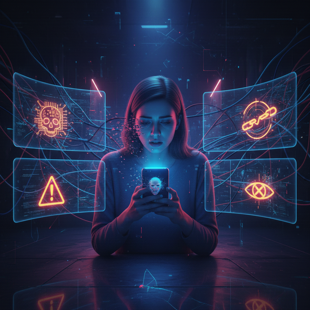 A conceptual illustration showing the dangers of AI deepfake technology with digital manipulation effects, computer screens displaying warning symbols, and a concerned woman looking at her phone. Modern tech environment with dark, serious atmosphere. No text.