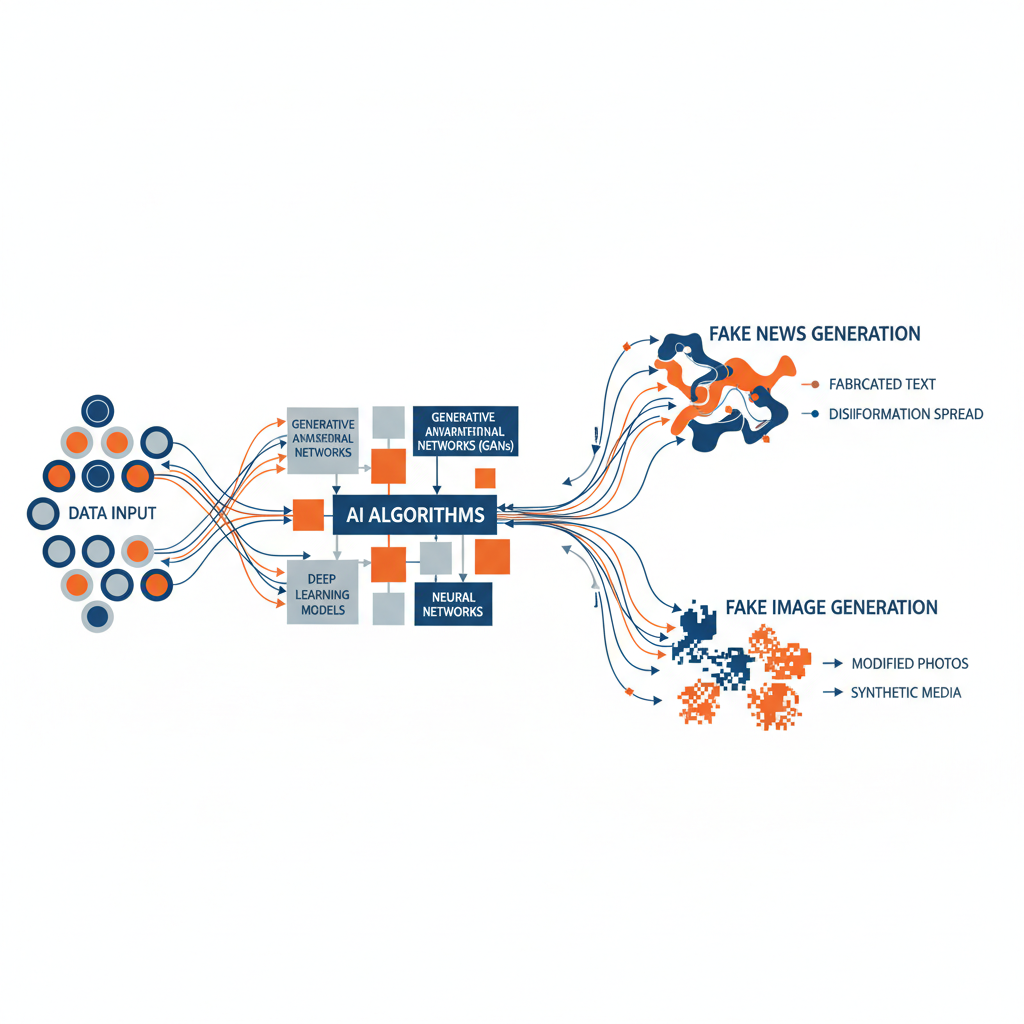 Complex network diagram illustrating the process of AI deepfake technology generating fake news and images, with interconnected nodes representing data input, AI algorithms, and output. Style: clean infographic, modern layout, high contrast. No text, no visible text in image.