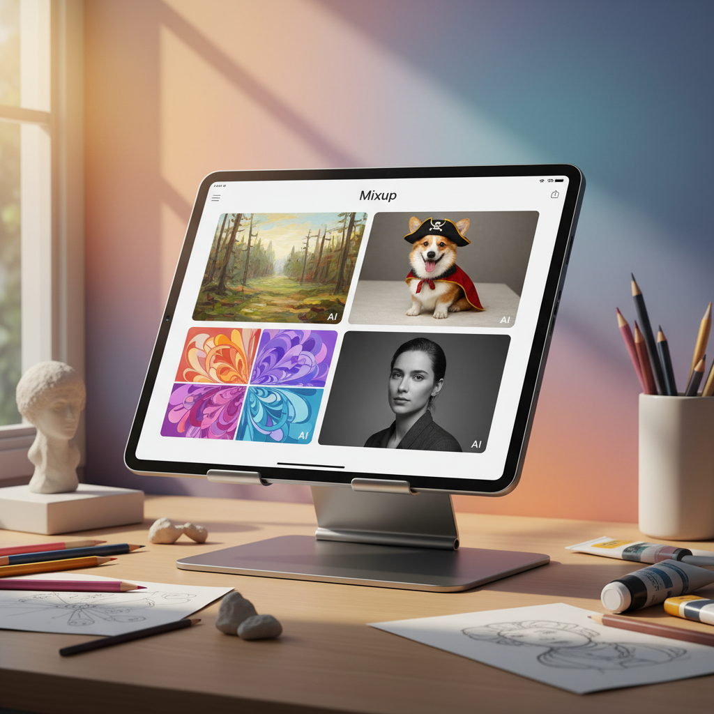 A creative workspace with a tablet displaying Mixup app. Various AI-generated images are shown on the screen, reflecting different "recipes" (e.g., a sketch turning into a painting, a pet in a costume). The background is a soft gradient, with balanced natural lighting. No visible text, emphasizing creative transformation.