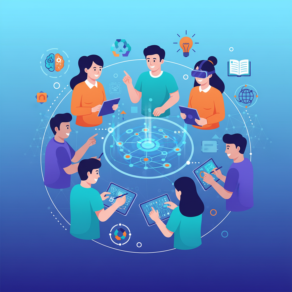 A modern infographic showing diverse individuals (Korean appearance) collaboratively learning about AI, with various digital tools and educational symbols around them. The background has a subtle gradient, and the style is clean, high-contrast. No text. Emphasize community and learning.