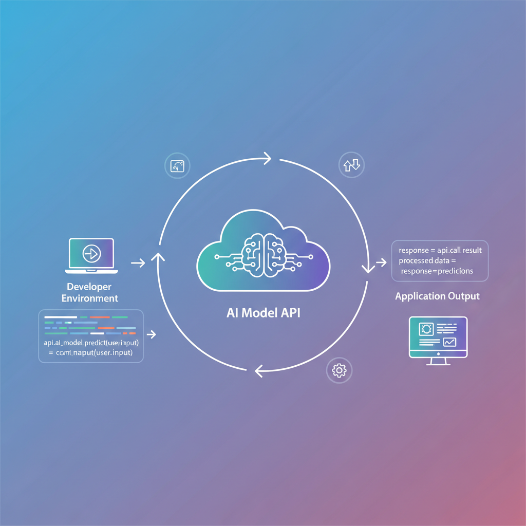 An infographic showing a developer's workflow using an AI model API, with code snippets and data flow, clean design, gradient background, no text, no Korean characters.