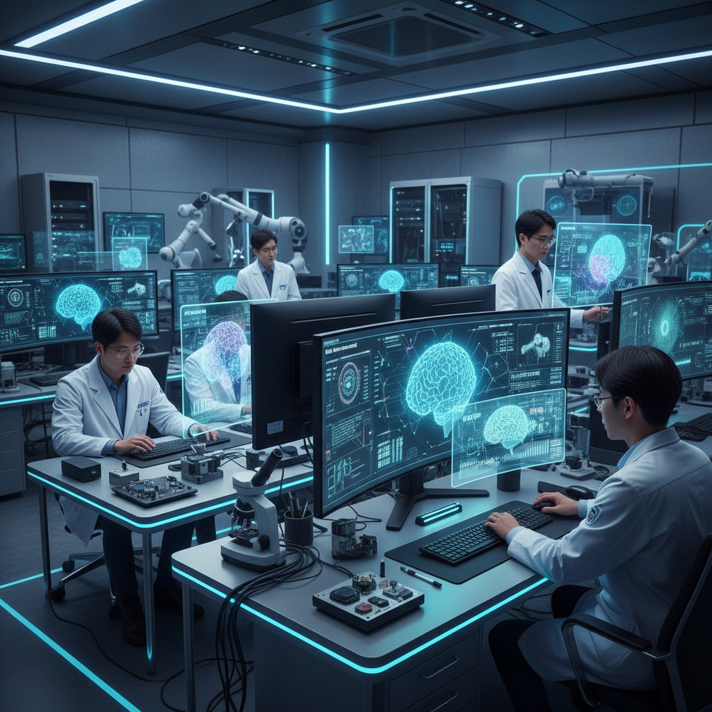 High-tech laboratory with multiple monitors showing AI training processes, Korean data scientists analyzing neural network visualizations, modern research facility interior, blue and green accent lighting, sophisticated equipment, realistic tech workspace, no text