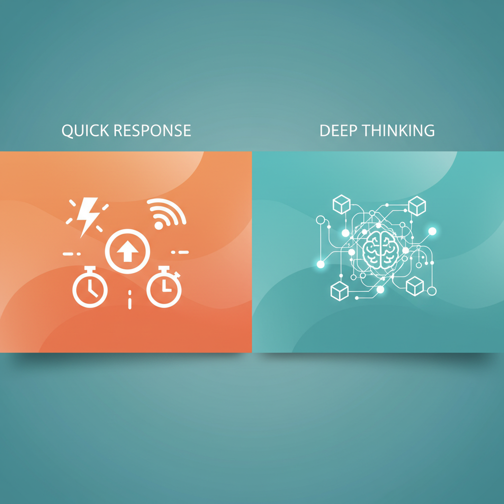 Split screen comparison showing two AI processing modes with vibrant teal and orange gradient background, left side showing quick response symbols, right side showing deep thinking visualization, modern minimalist design, clean geometric shapes, balanced composition, soft lighting, no text in image