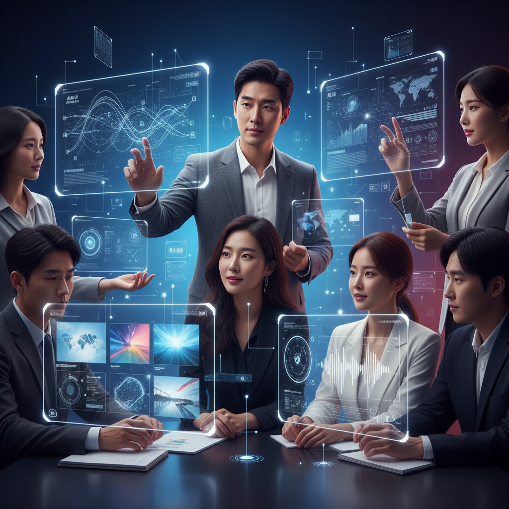 A diverse group of people collaborating in a dynamic, modern workspace, interacting with multiple floating screens displaying various AI models (text, image, audio interfaces). The scene is vibrant with clean infographic elements and a high contrast, gradient background. Korean appearance, natural expressions. No text.