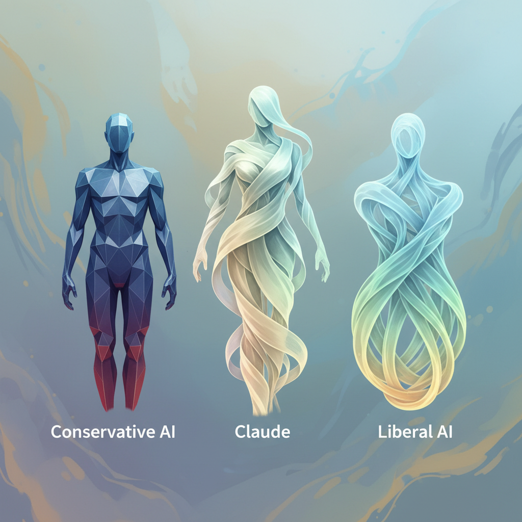 An artistic rendering of three distinct AI model representations, each with a subtle gradient of political neutrality, showcasing Claude's high neutrality visually. The background has soft, abstract patterns. No visible text.