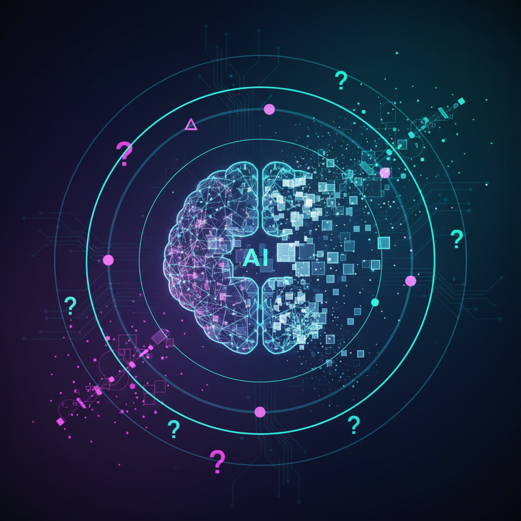 A conceptual infographic showing an AI model with some data being 'erased' or 'forgotten' but with faint traces remaining, indicating the limits of memory removal. Emphasize complexity and future research. Background is a dark, tech-inspired gradient. No visible text.