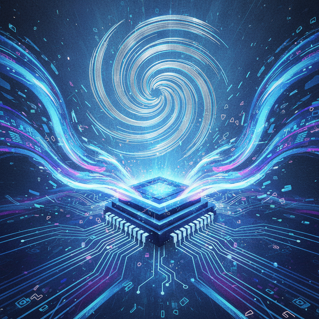 A dynamic illustration of massive data streams flowing into an AI processor, with a stylized hurricane icon in the background, representing rapid data analysis. Style: illustration, artistic rendering, textured background. No visible text.