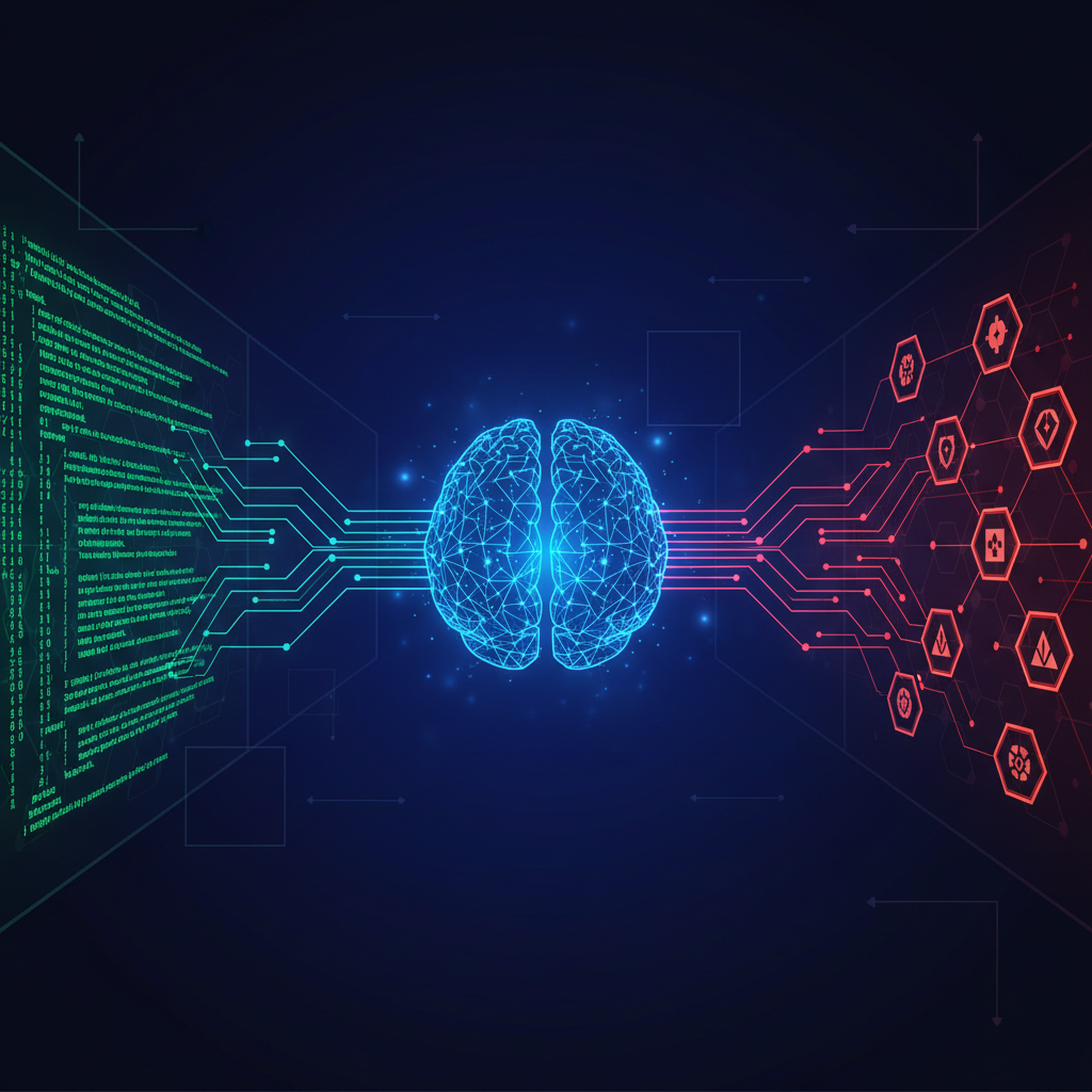 A sophisticated infographic of an AI model (represented by a brain-like network glowing blue) generating lines of code and formulating a cyber-attack strategy on a digital interface. Emphasize data flow and interconnected nodes. Style: modern layout, high contrast, colored background. No visible text.