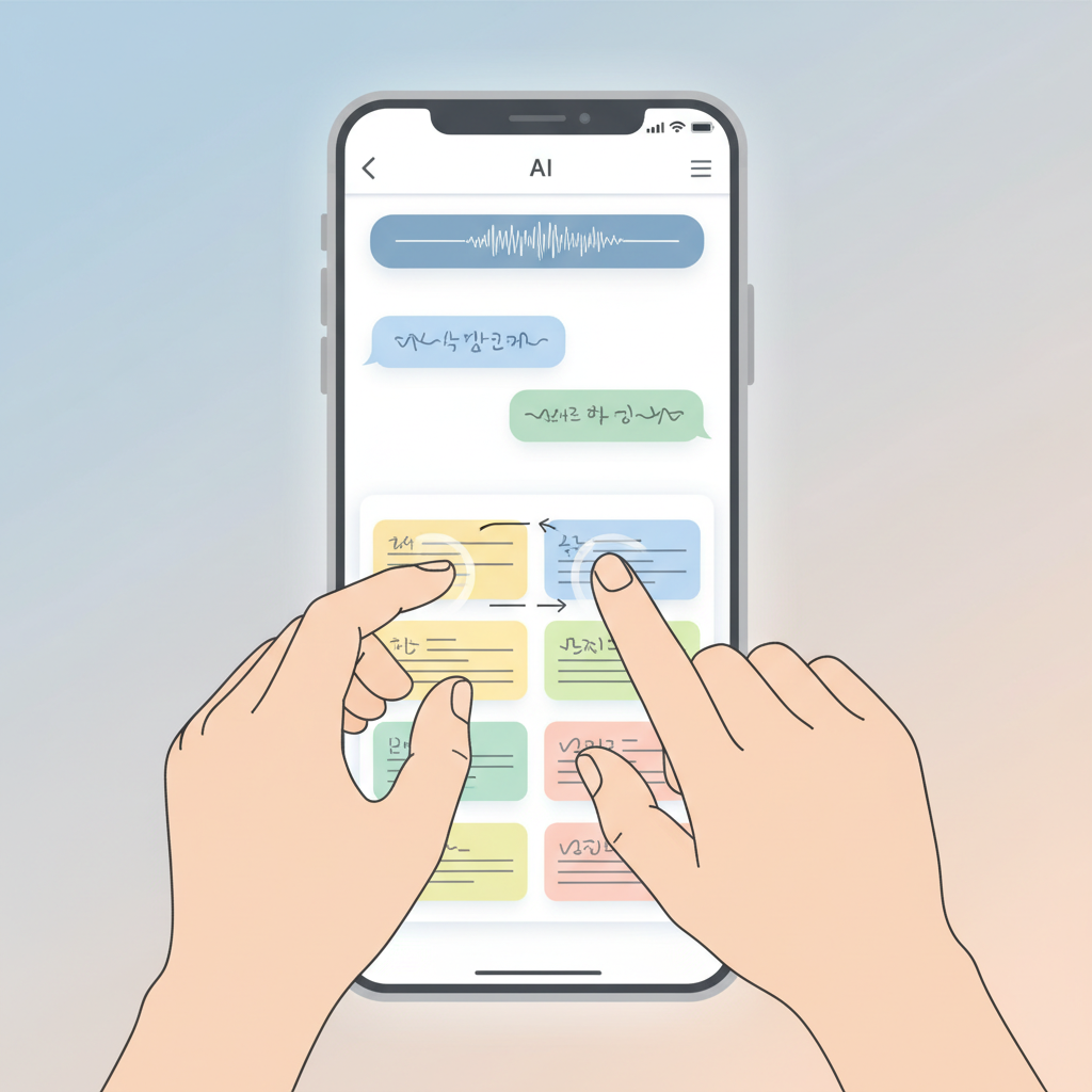Clean infographic style illustration showing a smartphone screen with AI chat interface, voice waveforms, organized notes layout, pinch-to-zoom gesture visualization, modern UI design, soft pastel colors, Korean text elements, no text in image