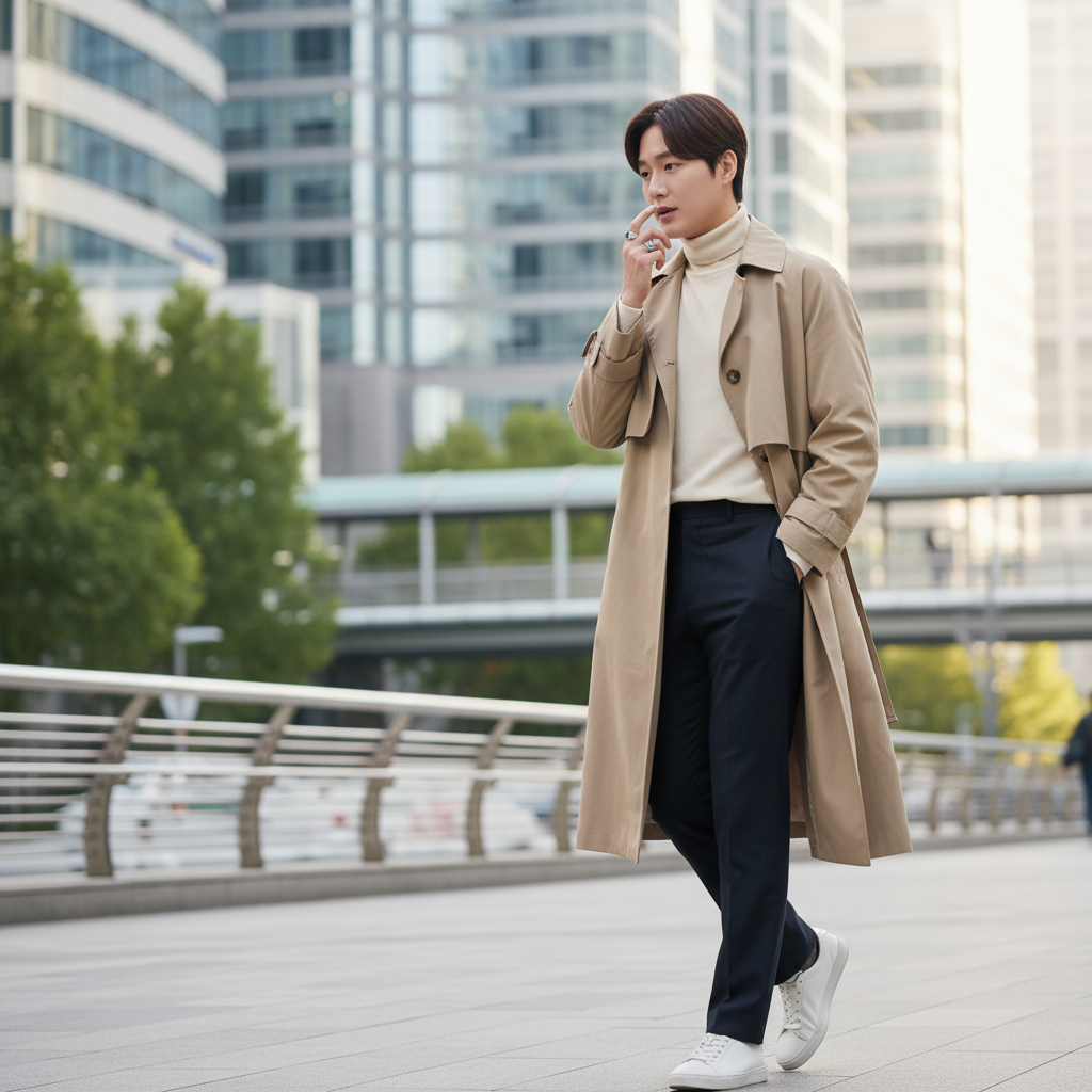 Lifestyle photography of a Korean person whispering while pressing a smart ring on their index finger, walking outdoors in a modern city environment, natural daylight, candid moment capturing thought recording, subtle tech integration, no text in image