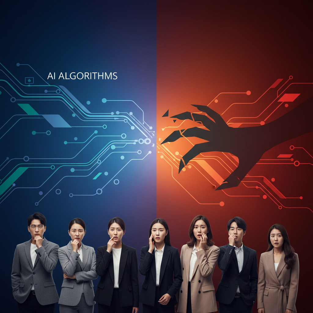 Clean infographic, modern layout, high contrast of abstract representations of AI algorithms and potential risks like a shadow or a warning sign, with a colored background. No visible text. Korean appearance people are observing it with concerned face.