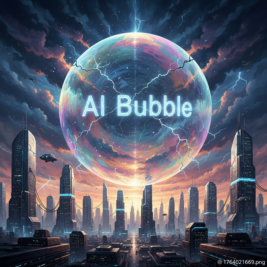 A large, iridescent bubble, labeled 'AI Bubble' (no visible text, only implied), growing rapidly above a city with advanced tech buildings. Cracks are starting to appear on the surface of the bubble, hinting at instability. Style: artistic rendering, dramatic lighting. Textured sky background. Full frame composition.