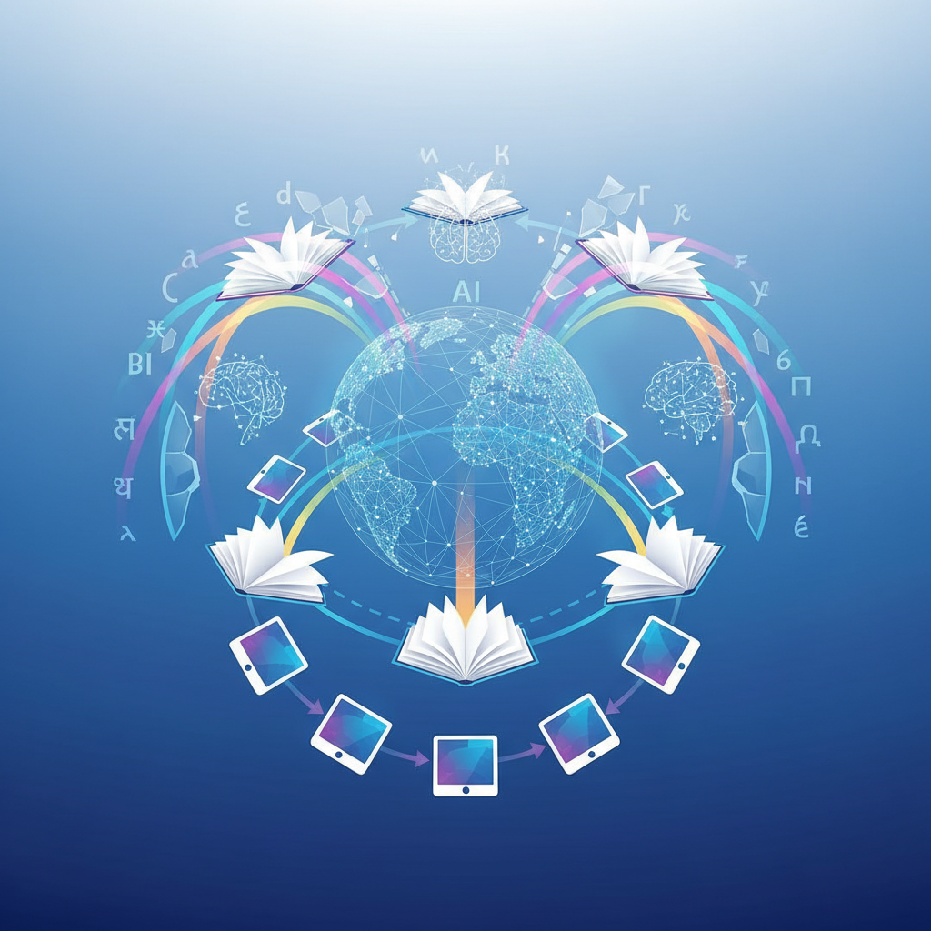 A vibrant and clean infographic showing interconnected global networks and books, symbolizing AI translation breaking down language barriers in future ebook publishing. No text.