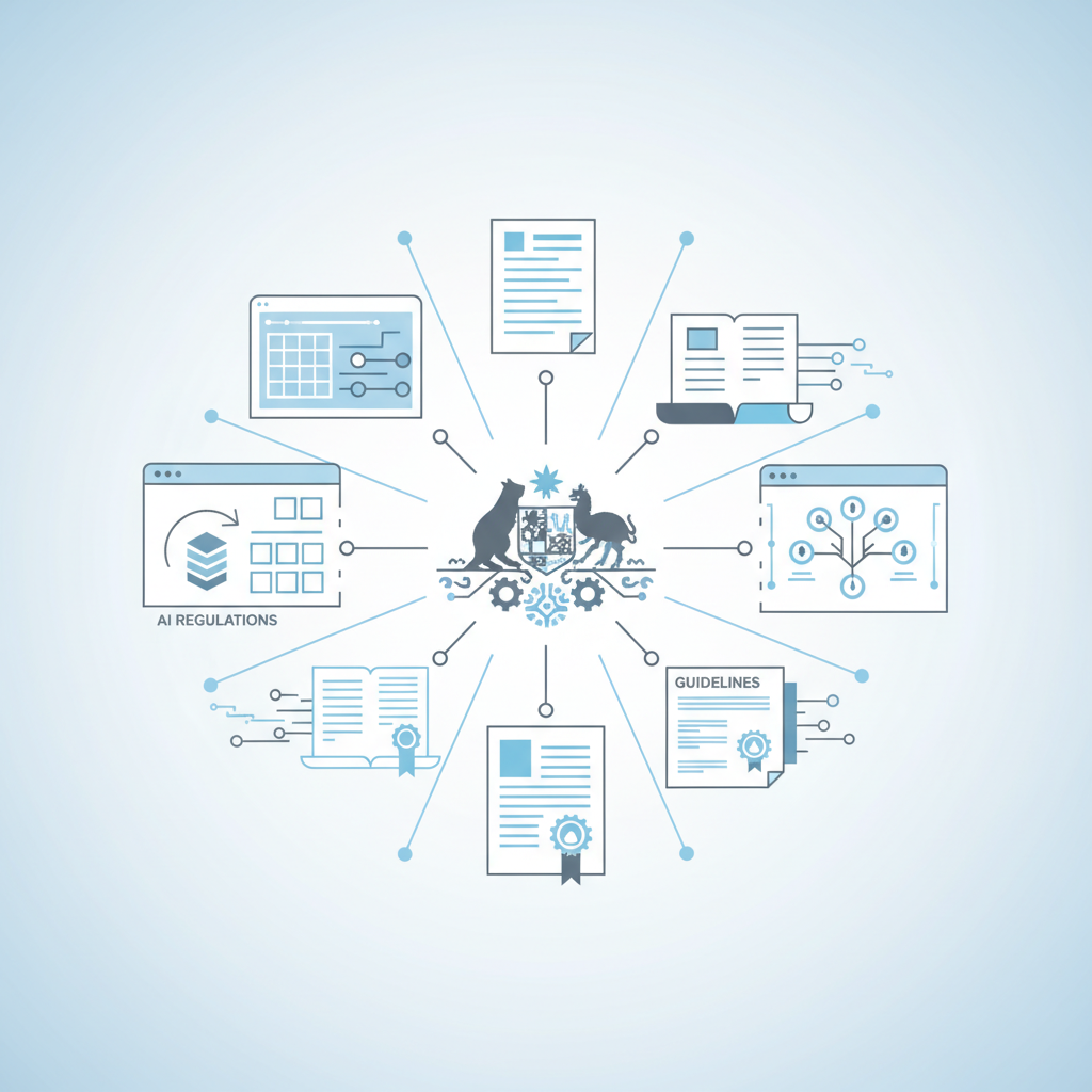 A stylized infographic showing various legal documents and digital interfaces, representing AI regulations and guidelines in the Australian legal system. Emphasize clarity and order. Clean, modern design with a light blue and grey color scheme. No text, composed to fill the frame.
