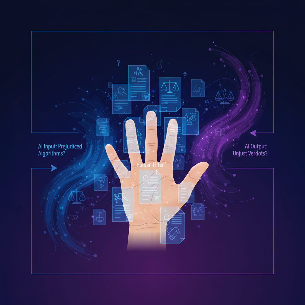 A thought-provoking infographic showing the ethical dilemma of AI in the legal system. A human hand (Korean appearance) trying to sift through conflicting AI-generated legal documents, symbolizing the "human filter." Dark blue and purple gradient background, with subtle glowing lines representing data. No text, clean edges.