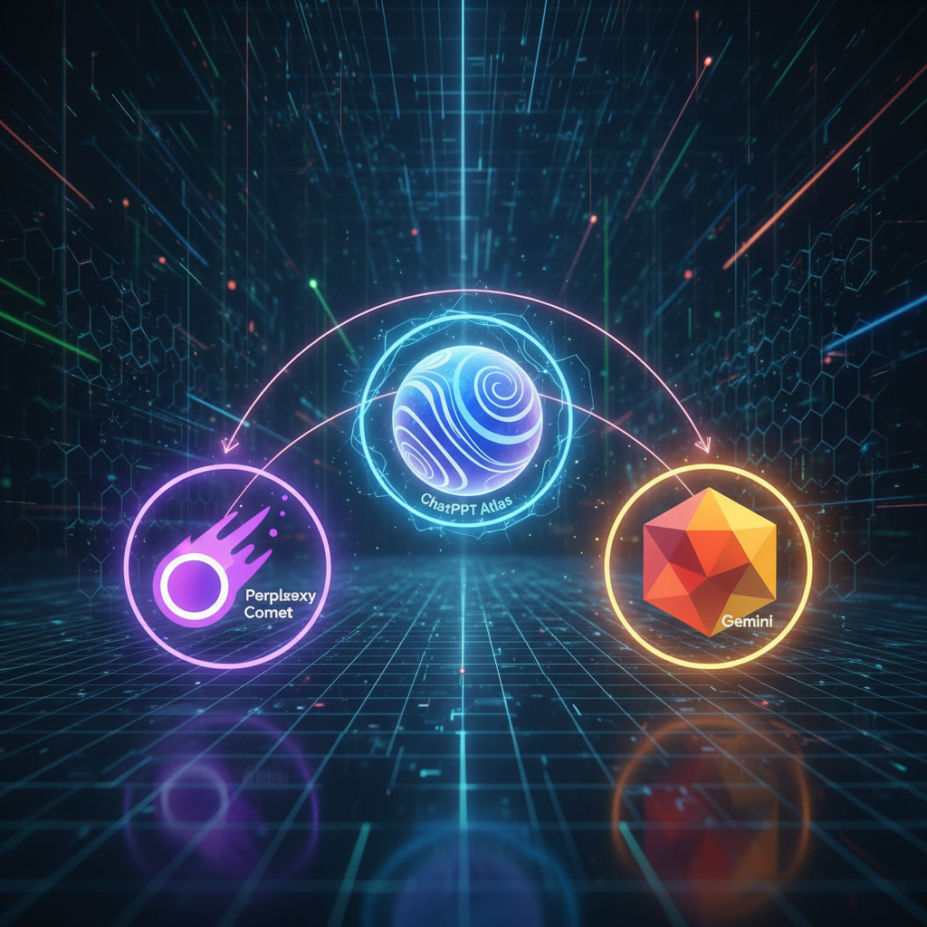 A futuristic, clean infographic showing several AI browser icons (representing ChatGPT Atlas, Perplexity Comet, Google Gemini) in a competitive but balanced arrangement. Use subtle glowing effects around the icons to suggest advanced technology. The background is a digital landscape with a sense of depth. No visible text.
