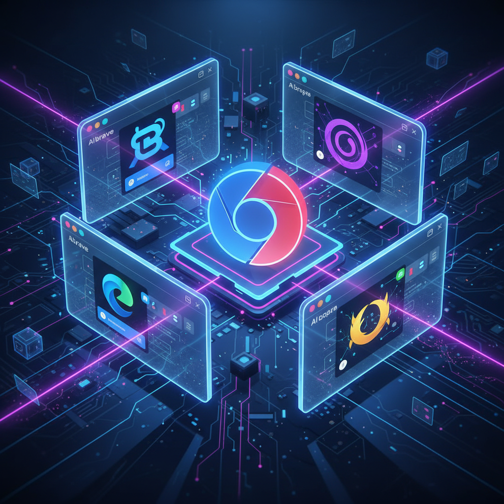 A dynamic digital illustration showing multiple browser windows with AI chatbot interfaces competing in a futuristic tech battlefield, with Chrome logo in the center surrounded by emerging AI-powered browsers, modern tech aesthetic with blue and purple lighting, no text in image
