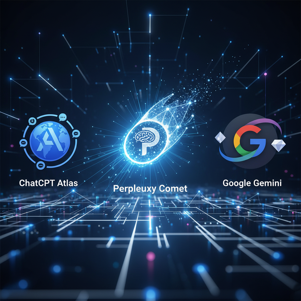 A visually rich infographic comparing three distinct browser icons (representing Perplexity Comet, ChatGPT Atlas, and Google Gemini). Each icon has small, subtle AI-related visual cues. Perplexity Comet's section is slightly highlighted or more detailed, emphasizing its integrated AI features. The background is a clean, modern digital landscape with connecting lines and nodes. No text, clean infographic style.