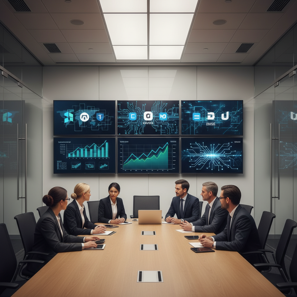 Corporate boardroom scene showing multiple tech company logos on digital displays, investment charts and infrastructure plans on screens, modern office interior with glass walls, dynamic business atmosphere, professional lighting, diverse executives in discussion, no text