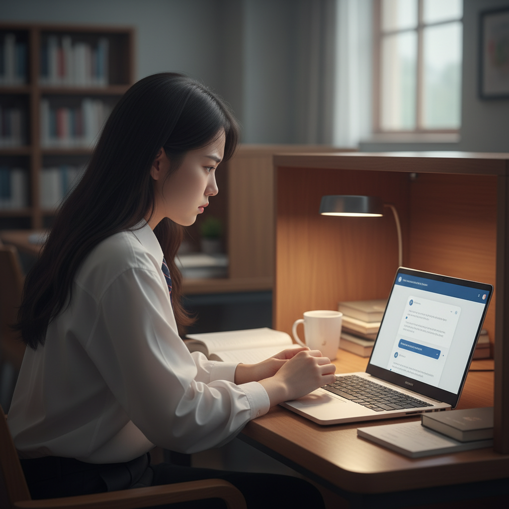 A Korean student sitting in front of a laptop with a ChatGPT-like interface visible, looking conflicted and thoughtful. The setting is a quiet study area, and the lighting suggests internal reflection. Style: realistic photography, focusing on emotional expression. No text.