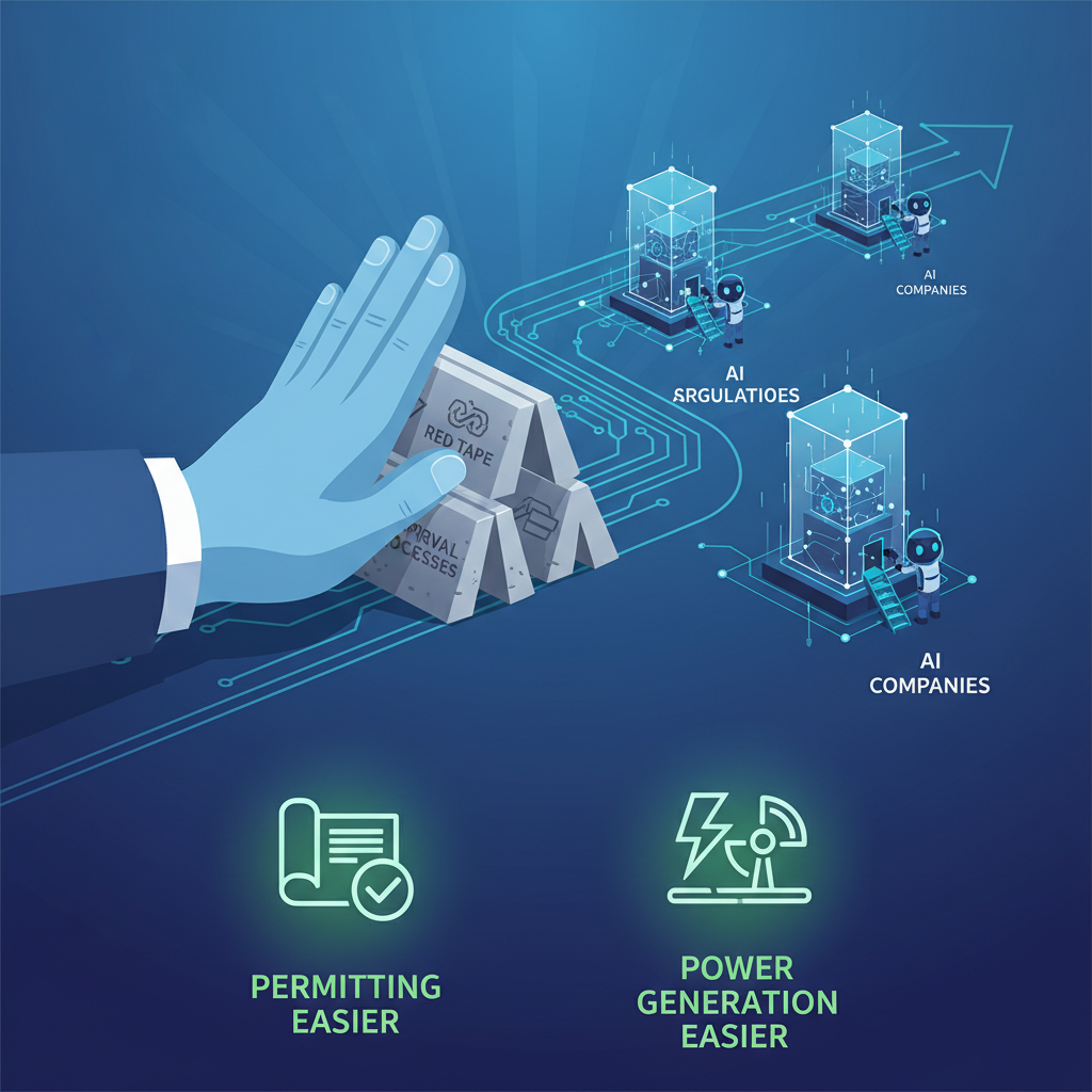 A hand removing bureaucratic obstacles (represented by literal blockades) from a path where AI companies are building innovative structures. Emphasizes "permitting and power generation easier". Clean infographic style, no text in image.