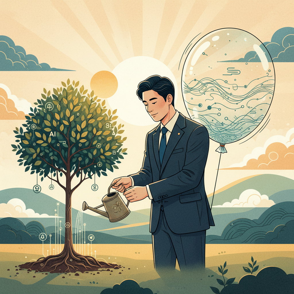 A balanced visual showing a Korean business person carefully watering a small, healthy tree representing long-term sustainable AI growth, while in the background, another large, rapidly inflating balloon labeled "Short-Term Hype" is visible but ignored. Style: illustration, artistic rendering, textured background. Soft, warm lighting. No text in image.