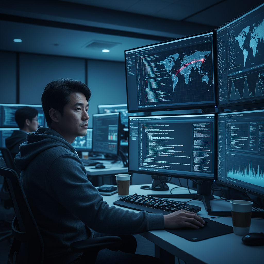 Cybersecurity analyst examining malware code on multiple computer screens in a modern security operations center, dark blue ambient lighting, digital threat visualization displays, realistic workspace setting, professional atmosphere, Korean analyst, no text in image