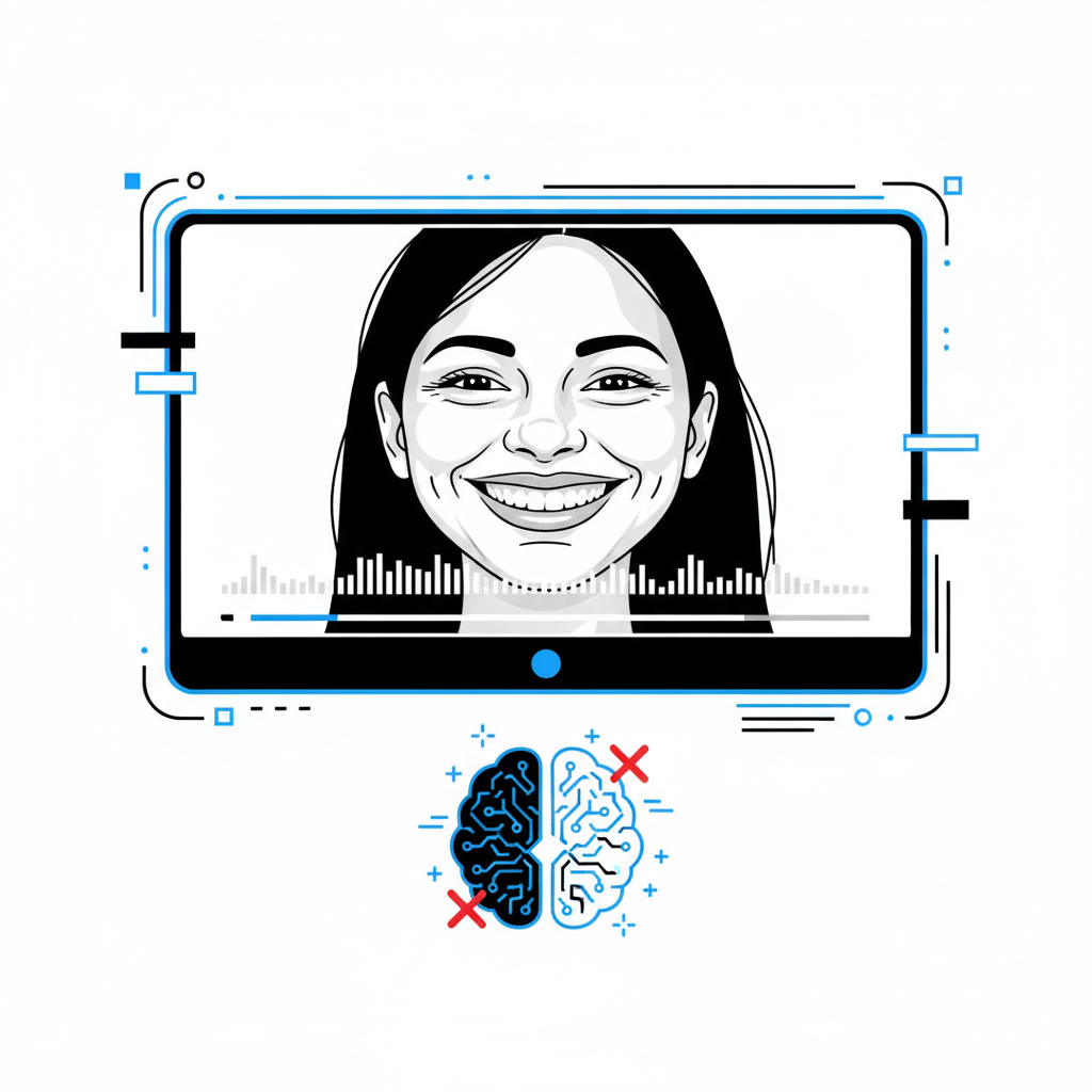 A digital screen displaying a synthetic AI-generated video of a woman with slightly unnatural facial expressions and a robotic voice, highlighting the imperfections of current AI image and video generation technology. Style: clean infographic, modern layout, high contrast. No text.