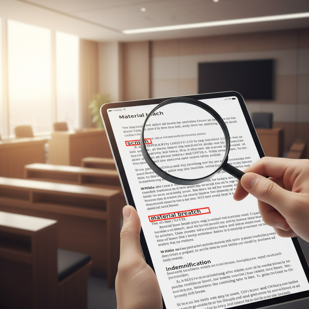 An image of a human hand (Korean appearance) with a magnifying glass examining a digital screen displaying legal documents. The screen shows some text highlighted in red, indicating errors. The background is a courtroom setting with soft focus, demonstrating the importance of verification. Modern, clean aesthetic with warm lighting. No text.