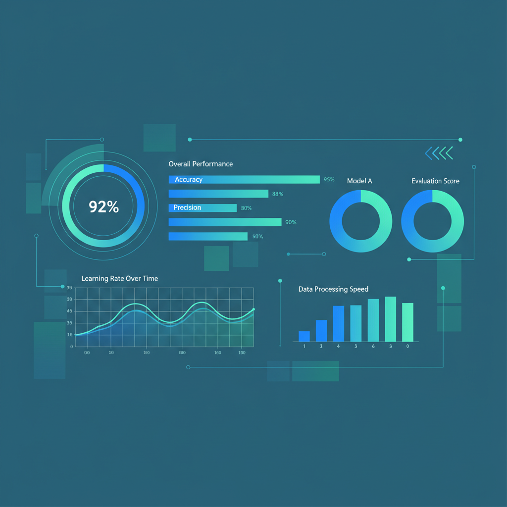 Clean infographic showing AI performance metrics dashboard with colorful charts, graphs and evaluation scores, modern minimalist design with blue and green color scheme, professional tech illustration style filling the entire frame, no text, no white margins