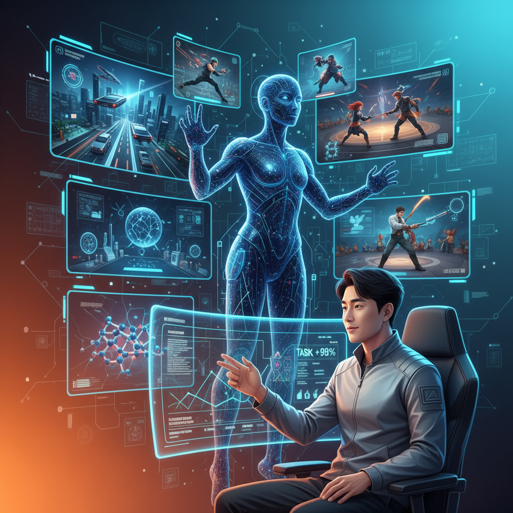 Dynamic scene showing AI agent successfully completing complex tasks in virtual environment, multiple game scenarios displayed simultaneously, Korean appearance developer analyzing performance metrics, vibrant gradient background with orange and teal colors, modern tech aesthetic, no text