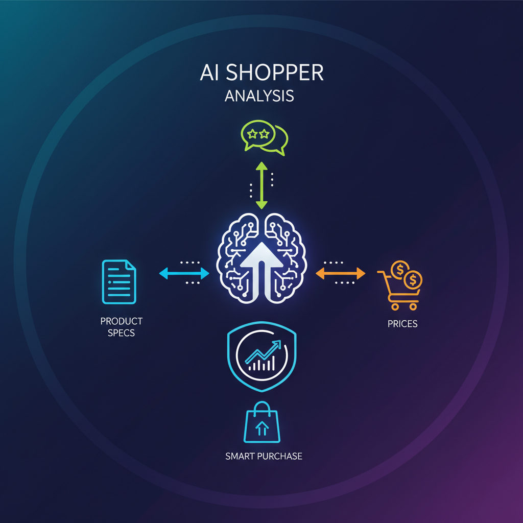 Clean infographic illustrating how an AI shopper analyzes product specs, reviews, and prices. Modern layout, high contrast, colored background, no text.
