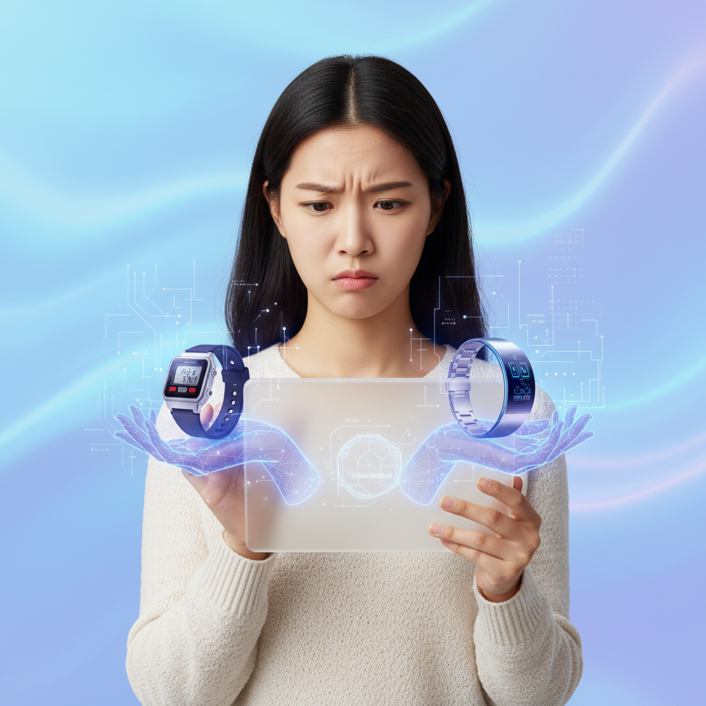 A Korean woman looking confused while browsing a shopping app on her tablet, with a holographic AI assistant offering two different smartwatches – one clearly old-fashioned and the other sleek and modern. The background is a gradient of soft blues and purples, creating a sense of digital shopping. Lifestyle photography, natural expression, bright lighting, centered focus. No text.
