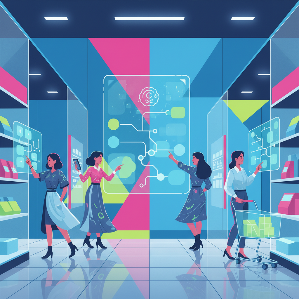 clean infographic, modern layout, high contrast. A futuristic shopping scene inside a Target store, with shoppers interacting with a holographic ChatGPT interface showing product recommendations and shopping lists. Korean appearance people. Vibrant, balanced lighting. Colored background with geometric patterns. No text or visible UI text in Korean.