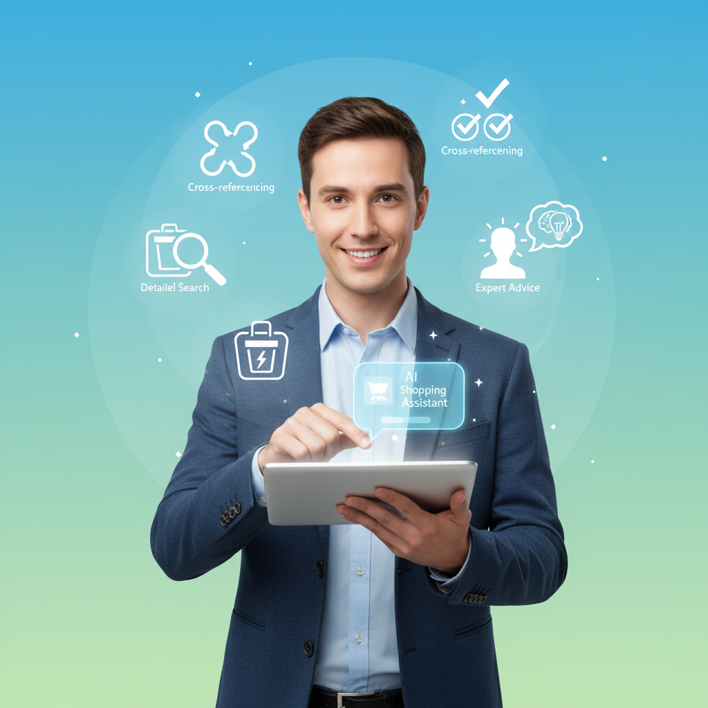 A person confidently using a tablet with an AI shopping assistant, surrounded by floating icons representing wise choices: a magnifying glass for detailed search, multiple checkmarks for cross-referencing, and a human silhouette for expert advice. The background is a clean, modern gradient of light greens and blues, conveying smart decision-making. Clean infographic, bright lighting, centered focus. No text.