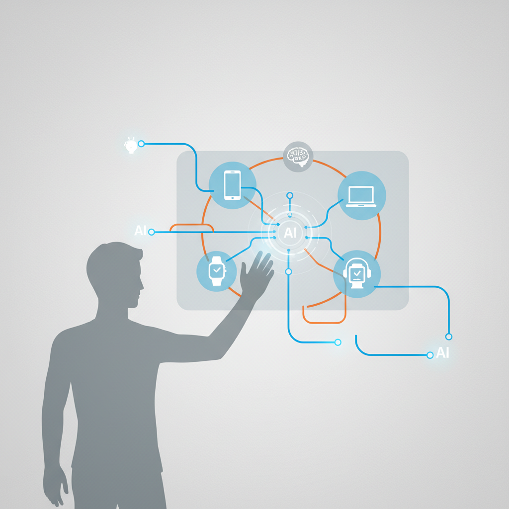 clean infographic, modern layout, high contrast, a person interacting with a smart screen displaying product options, with data flow lines and small AI icons, on a textured light grey background. No visible text, no Korean characters. Centered focus, visually rich, no empty margins.